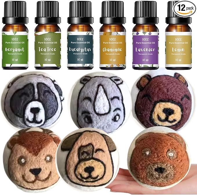 Essential Oils for Laundry + Animal Wool Dryer Ball Set, 6 Animal Dryer Balls & Essential Oil Set Bundle, 6 Most Used Pure Therapeutic Grade Oil Set, and Organic Wool Dryer Ball Set
