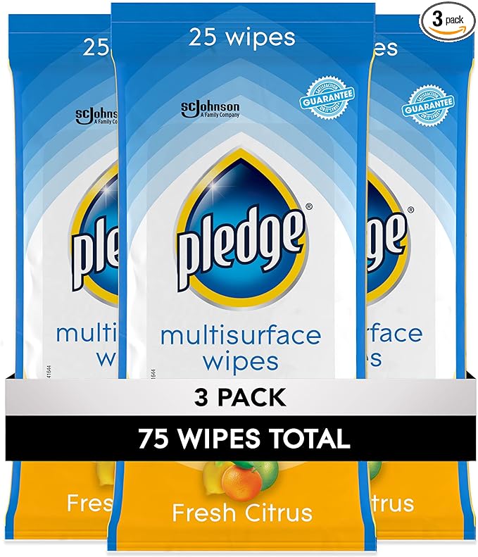 Pledge Multisurface Cleaning Wipes, pH Balanced, Fresh Citrus, 25 Count (Pack of 3, 75 Total Wipes)