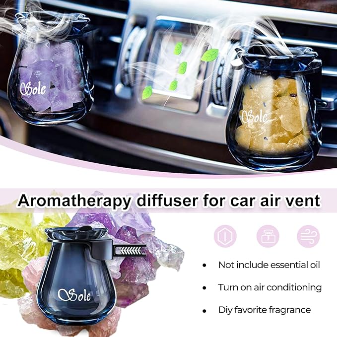 Car Diffuser Glass Bottles with Crystals Natural Stone for Spreading Essential Oils,Blue Lotus Design Glass jar as air freshener Vent Clip,car Vent Decor Accessories Pack of 2 (Pink + Pink)