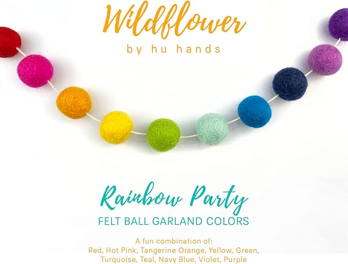 Garland for Wildflower by Hu Hands Rainbow Party - 100% Handmade Wool Felt Pom Poms - (50) Pure New Zealand Wool Felt Balls - DIY Pompoms - 0.8-1.0" Size - Drawstring Muslin Bag
