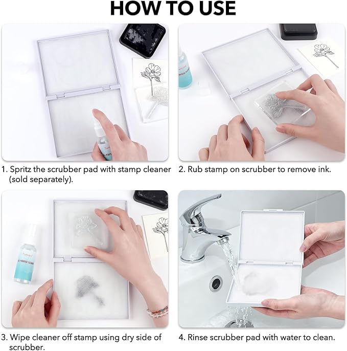 Briartw Stamp Cleaning Kit:White Stamp Scrubber & All-Purpose Stamp Cleaner Spray | Dual-Sided Cleaning Pad for Rubber, Clear, Cling & Foam Stamps | Complete Care for Water-Based & Permanent Inks