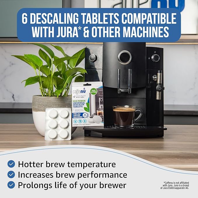 Caffenu Descaling Tablets Pack of 6. Coffee Machine Descaler Tablets. Compatible with Jura, Mellita, Siemens, Phillips and Saeco. Remove Limescale & Build-up. Complete the Barista Kit