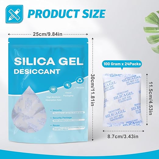 VOISEN 100 Gram 24 Pcs Color-Indicating Silica Gel Packets, Premium Food Grade Desiccant, Transparent Desiccant, Desiccant Packets for Storage, Premium Desiccant Packs for Food, Electronics, Closet
