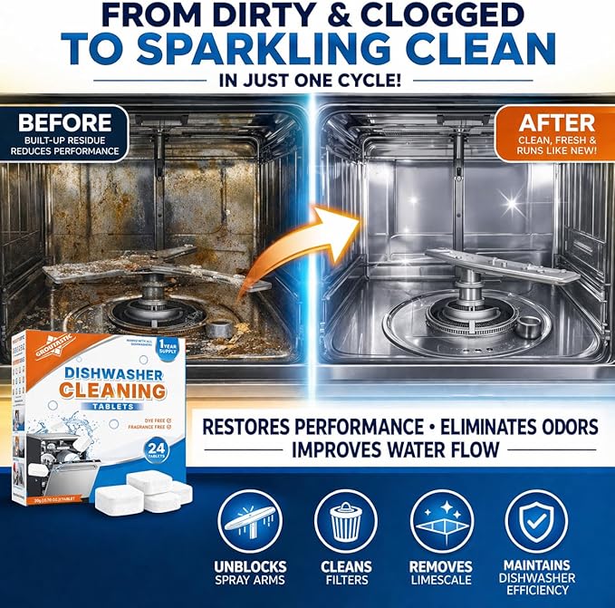 Dishwasher Cleaner and Deodorizer Tablets 24 Pack Dye Free and Fragrance Free Deep Cleaning Descaler Pods for inside your Dishwashers Septic Safe Monthly Maintenance | Groutastic