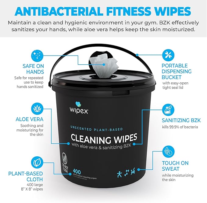 Wipex Fitness Wipes Bundle - Get 2 Buckets (1) Lemongrass Plant-Based Fitness Equipment Wipes & (1) Sanitizing BZK Bucket for Hands, Safe on Skin, Great for Home, Studios and Gyms, 400 Ct (Pack of 2)