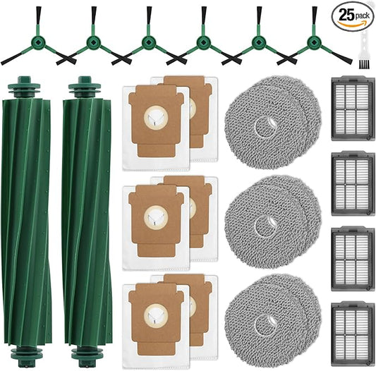 25 Pcs Replacement Accessories Kit for i-Robot Room ba Plus 405/505 Combo Robot Vacuum Cleaner, 2 Main Brushes 6 Dust Bags 6Side Brushes 6 Mop Pads 4 Filters 1 Cleaning Brush