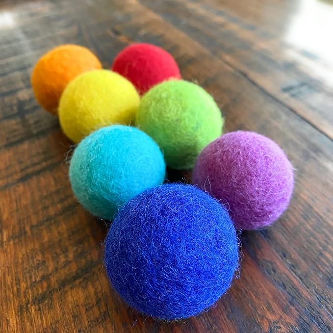 Rainbow Large Felt Balls | Montessori Wool Pom Poms for Baby, Crafts, Cats, Essential Oils, Felting & Garland | 7 ROYGBIV Colors | 4 CM (1.75-2") Jumbo Size | Muslin Storage Bag