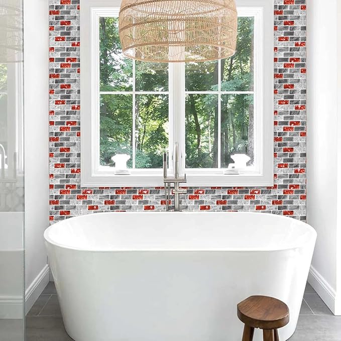 Marble Peel and Stick Backsplash for Kitchen, 10-Sheet Stick on Backsplash for Bathroom, Large Self-Adhesive Kitchen Backsplash, Red Marble Look Decorative Tiles（12"×12"）