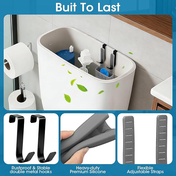 2Pcs Adjustable Toilet Tank Tablet Holder-Hanging Silicone Basket Carrier with Rustproof Hooks for Bowl Cleaner & Bleach Tablet Hanger Pouch Organizer, Accessory Fit Up to 7" Water Level