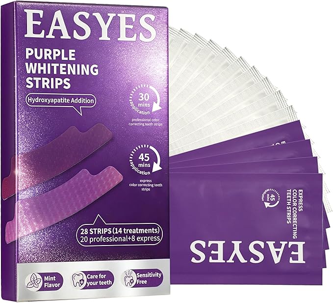 Purple Teeth Whitening Strips, Color Correcting White Kit, Peroxide-Free with Hydroxyapatite, Express & Professional Strips, Enamel Safe for Sensitive Teeth, Tooth Stain Remover (28 Strips)