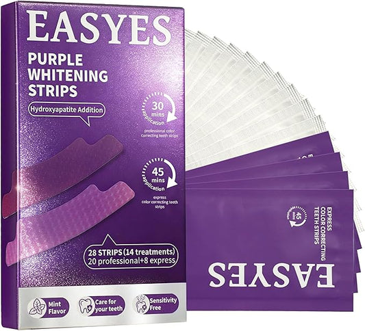 Purple Teeth Whitening Strips, Color Correcting White Kit, Peroxide-Free with Hydroxyapatite, Express & Professional Strips, Enamel Safe for Sensitive Teeth, Tooth Stain Remover (28 Strips)