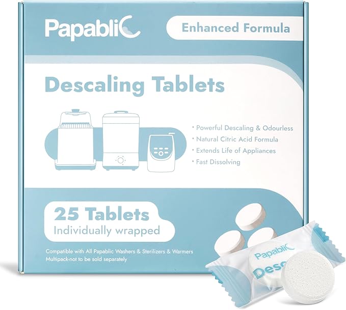 Papablic Descaling Tablets, 25 Count – Compatible with Baby Brezza, Momcozy, Bottle Washer, Warmer, Sterilizer & Formula Maker – Removes Milk & Limescale for Better Performance
