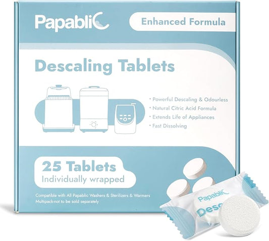 Papablic Descaling Tablets, 25 Count – Compatible with Baby Brezza, Momcozy, Bottle Washer, Warmer, Sterilizer & Formula Maker – Removes Milk & Limescale for Better Performance