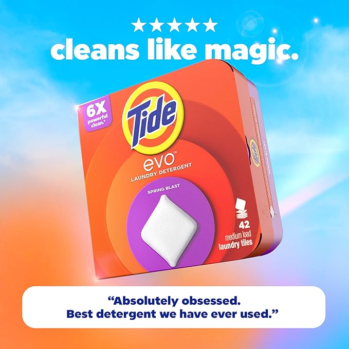 Tide evo Spring Blast Scent Laundry Detergent Fiber Tiles Works on 100% of Common Stains Safe for All Machines and Water Conditions Concentrated HE Compatible Clean and Instant Dissolve, 42 Count