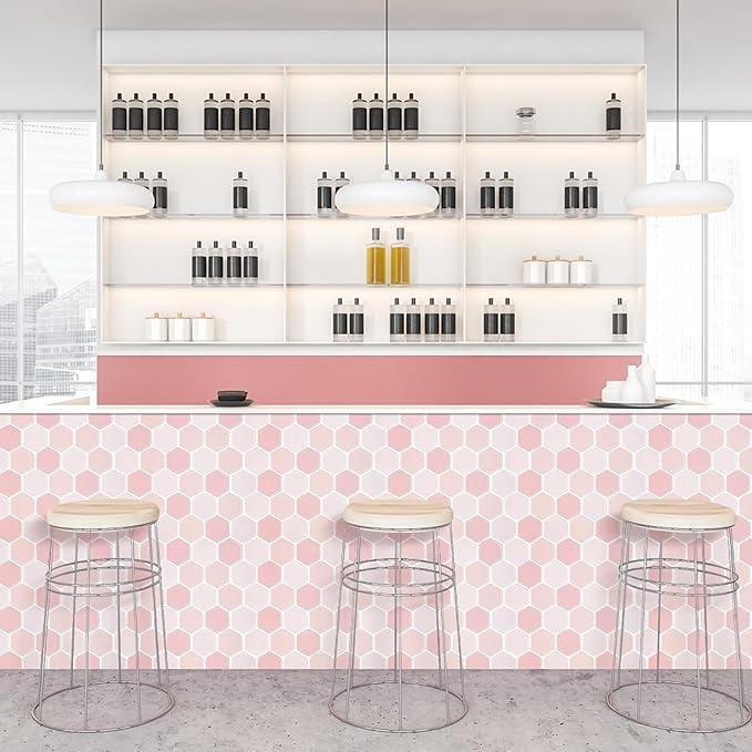Hexagon Tiles Peel and Stick Backsplash for Kitchen, 10-Sheet Stick on Tiles Kitchen Backsplash, Pink 3D Peel and Stick Wall Tile（12''×12''）