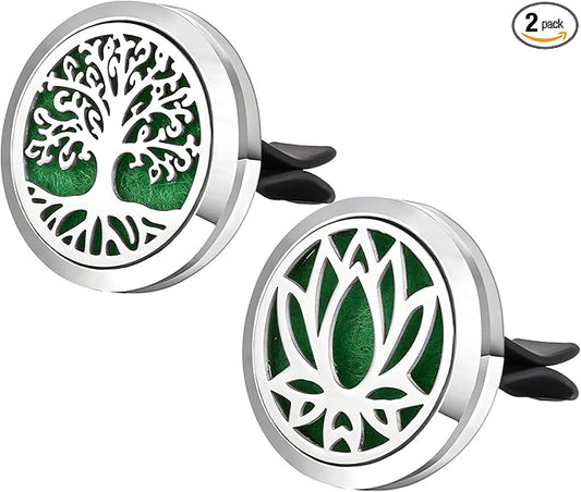2PCS 30mm Car Diffuser Vent Clips, Tree of Life Aromatherapy Essential Oil Diffuser Locket with 12 Felt Pads, Stainless Steel Car Diffuser Locket Air Freshener (Silver)
