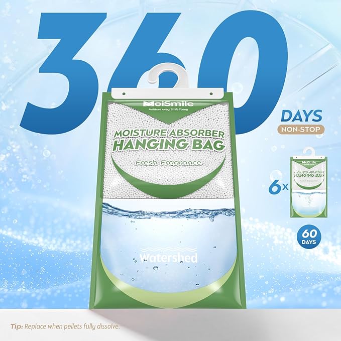 Hanging Moisture Absorbers 6 Pack Net Wt. 17.5oz/Pack, Fresh Fragrance Closet Dehumidifier Bags, Odor Eliminator & Humidity Absorber, Humidity Packs for Bathroom, Bedroom, Basement, Car, RV & Boat