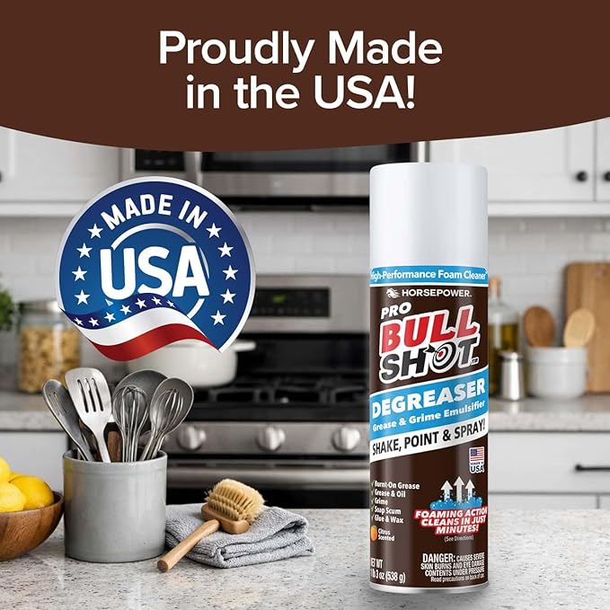 Bull Shot Degreaser Pro, Foaming Degreaser & Grime Remover, Heavy-Duty, AS SEEN ON TV, Residue-Free, Shake, Point & Spray, Emulsifies Grease, Oil Splatters, Glue, Tape Residue & More - Made in the USA