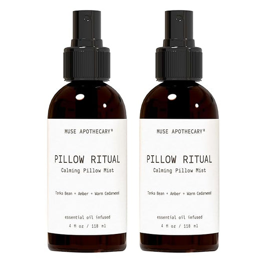 Muse Apothecary Pillow Ritual - Aromatic, Calming and Relaxing Pillow Mist, Linen and Fabric Spray - Infused with Aromatherapy Essential Oils - 4 oz, Tonka Bean + Amber + Warm Cedarwood, 2 Pack