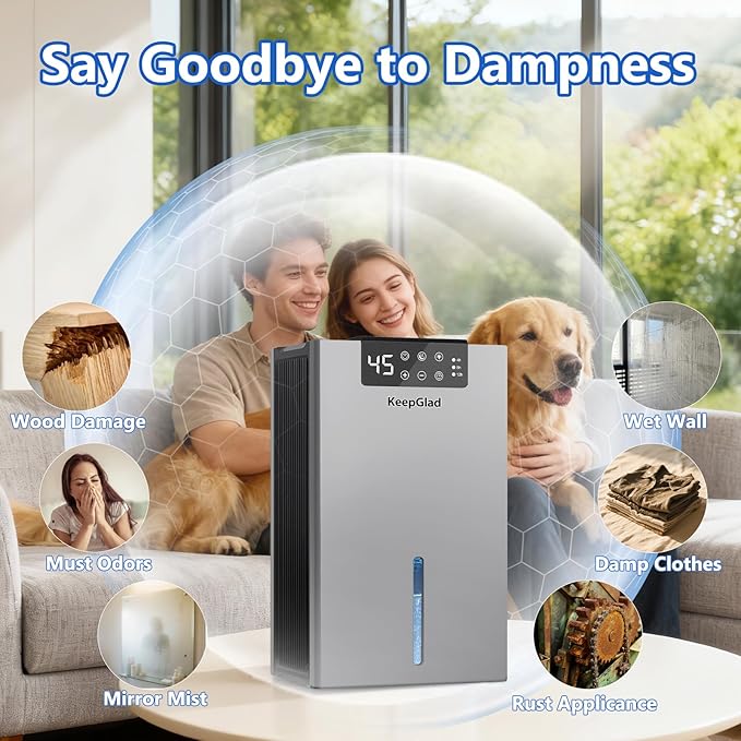 Dehumidifier, 98OZ Dehumidifiers for Home(1000sq.ft), Humidity Display Dehumidifier for Basement Bathroom Bedroom, Auto Shut Off, Washable Filter, Drain Hose, Timer, 7 Ambient Lights, Gray