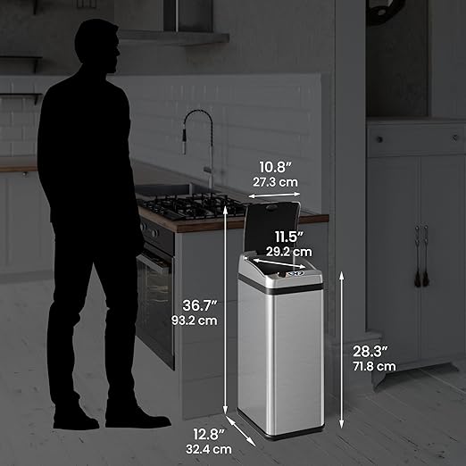 iTouchless 13 Gallon Automatic Touchless Sensor Kitchen Garbage Can with AC Adapter and Odor Filter Deodorizer, Includes Waterproof Reusable Vinyl Trash Sticker, Stainless Steel/13 Gal