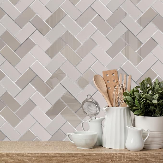 Peel and Stick Backsplash for Kitchen,New Upgrade Herringbone Premium Kitchen Backsplash,Stick on Subway Tile Peel and Stick Backsplash (Glossy and Matte Beige)