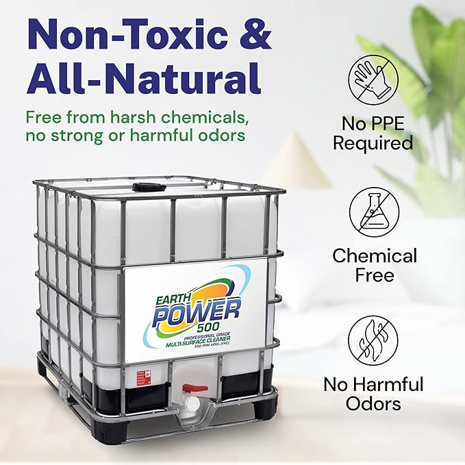 Earth Power Hypochlorous Acid 500 PPM Multipurpose Cleaner – Natural & Non-Toxic – Tile, Refrigerator, Shower, Countertop & Floor Cleaner – Family, Food & Pet Safe Cleaning Supplies – 500 Gallon