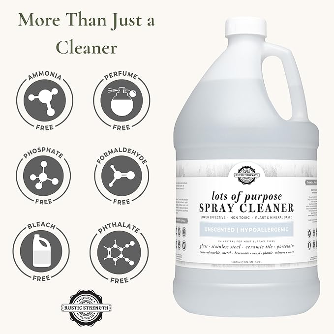 Rustic Strength Lots of Purpose Spray Cleaner, Unscented, Multi-Surface, pH Balanced, Non-Toxic, Biodegradable, 1 Gallon, Plastic