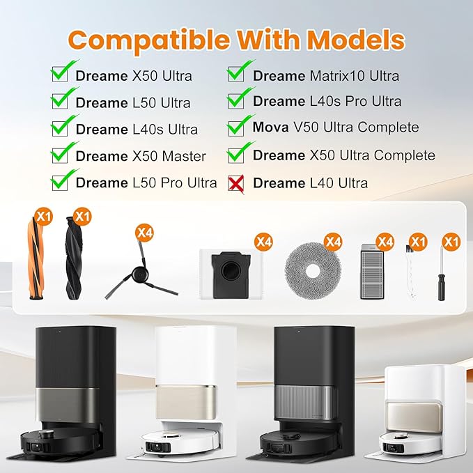 20 Pack Accessories Kit for Dreame X50 Ultra/L50 Ultra/L40s Ultra/L40s Pro Ultra/X50 Master/Mova V50 Ultra Complete Robot Vacuum, 1 Pair Main Brush 4 Side Brushes 4 HEPA Filters 4 Mop Pads 4 Dust Bags