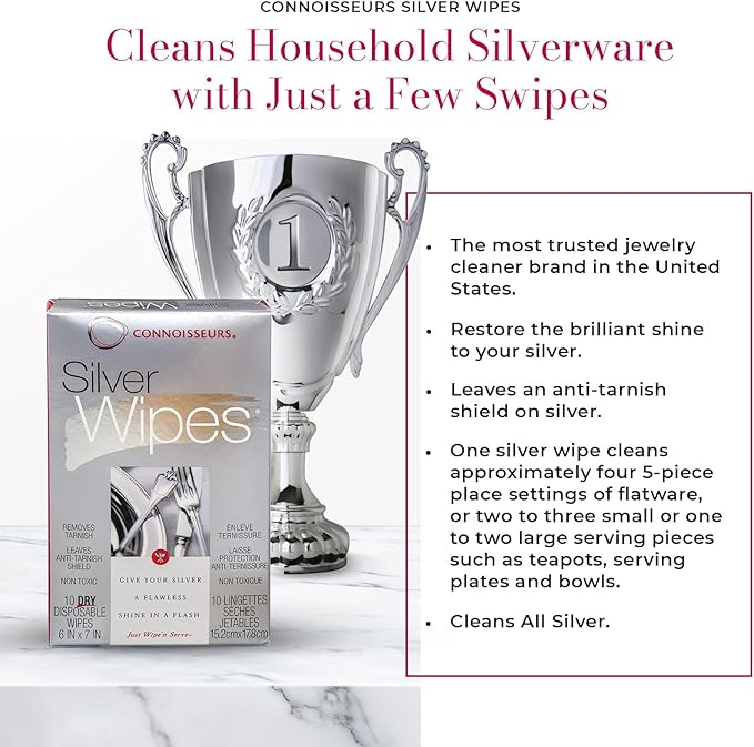 Connoisseurs Silver Cleaner Wipes for Sterling Silver Jewelry and Tableware - 10 Pack - Dry and Disposable - Remove and Prevent Tarnish