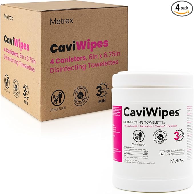 Metrex CaviWipes Disinfecting Towelettes – Alcohol-based, Durable Non-Woven Disinfecting Wipes, 3-Minute Contact Time, Surface Cleaner for Healthcare Settings – 6" x 6-3/4", 160 Wipes, 4 Pack