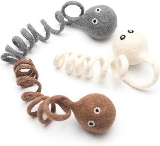 Glaciart One Felt Spring Cat Toy – 3 Pcs Soft Fuzzy Enrichment 100% Natural Wool - Interactive Stretchable Play Set - Safe for Pets, Non-AZO Colored Dyes - 4” Long