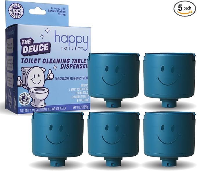 Happy Toilet Cleaner Deuce - Compatible w Kohler Toilets & Canister Flushing Systems - Automatic Toilet Bowl Cleaner 5-Pack - Easy to Install Toilet Tablet Holder, Self-Cleaning Toilet System