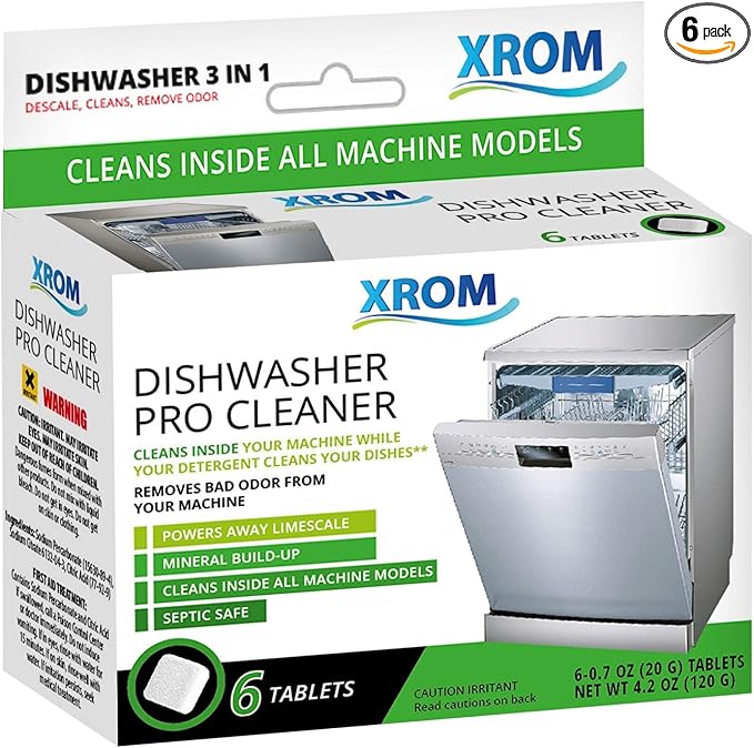 XROM Dishwasher Cleaner Tablets, Plant Based, Deep Clean and Descaler, Removes Odors & Hard Water Stains, 6 Treatments.