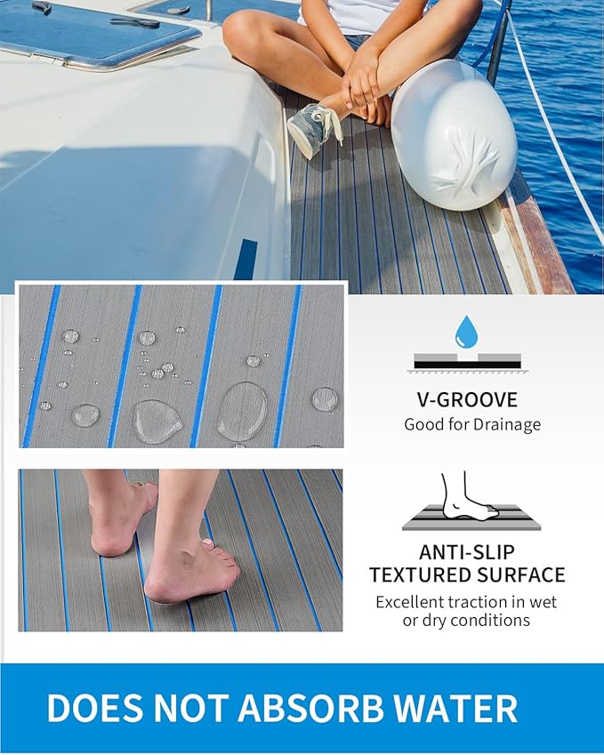 OCEANBROAD EVA Foam Boat Flooring with 3M Adhesive Backing Marine Self-Adhesive Decking 96''x45.6''/36''/28.8''/16.8'', 48''x16.8'' Faux Teak Sheet for Jon Boats Swim Platform Helm Pad RV Floor