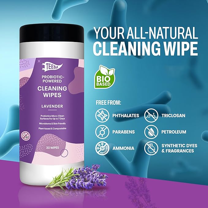 TEEM Probiotic Cleaning Wipes with Lavender Essential Oil, Microcleans Surfaces for up to 7 Days, Home Compostable & Biodegradable, All-Natural Multi Surface Wipes - 30 Count (Pack of 1)