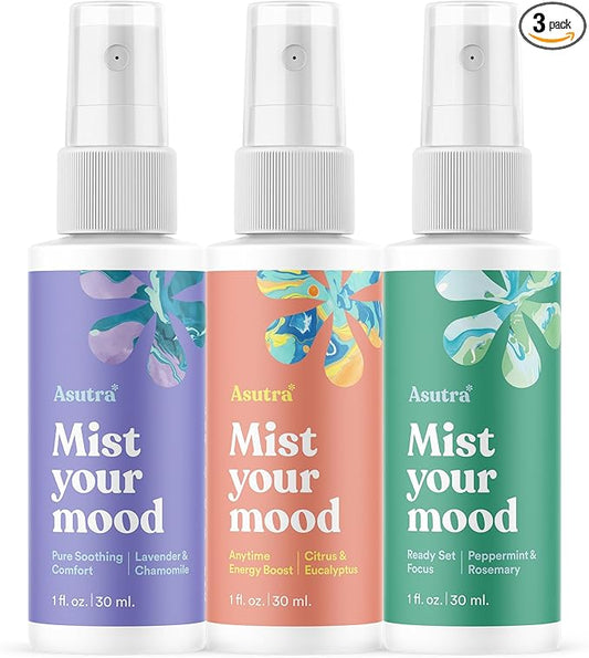 ASUTRA Multi-Use Essential Oil Aromatherapy Spray (3 Scent mini Sampler), 1 fl oz Each – Mist for Face, Body, Rooms & Linens – Car, Fabric, and Bathroom Freshener