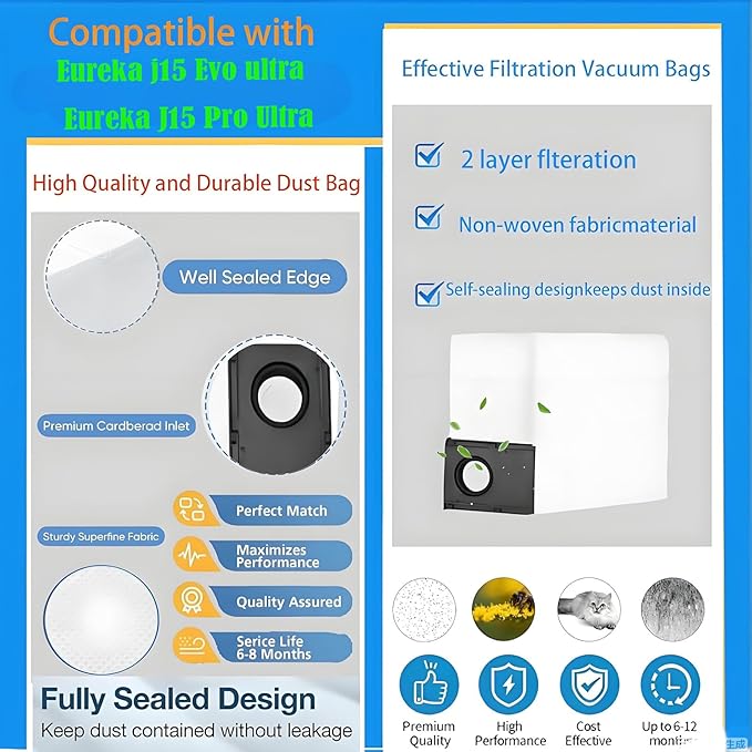Dust Bags and Mop Pads Replacement For Eureka j15 Evo ultra / J15 Pro Ultra Self-Empty Station Vacuum Cleaner, Spare Parts Accessories
