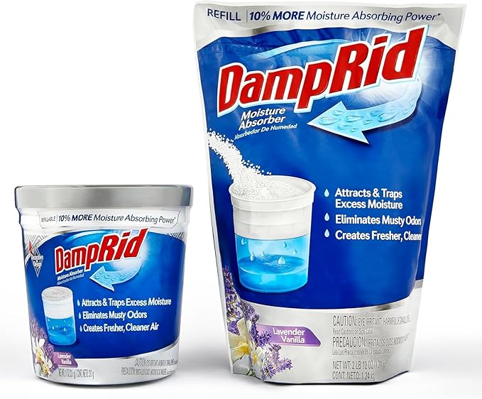 Damp Rid Refillable Moisture Absorber – Lavender Vanilla Humidity Absorber & Odor Absorber with 11oz Cup and 44oz Refill Bag, Cleaner Air for Closet & Bathroom – ILIOS Packaging