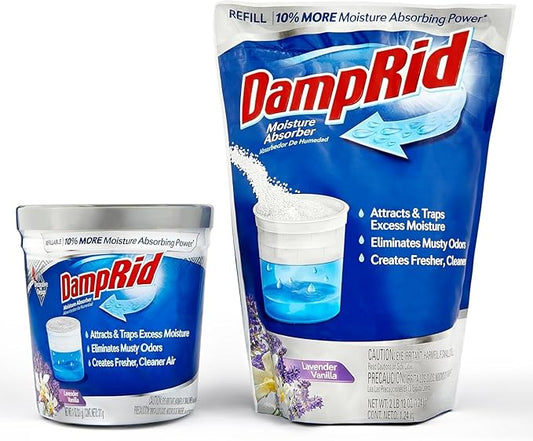 Damp Rid Refillable Moisture Absorber ??Lavender Vanilla Humidity Absorber & Odor Absorber with 11oz Cup and 44oz Refill Bag, Cleaner Air for Closet & Bathroom ??ILIOS Packaging