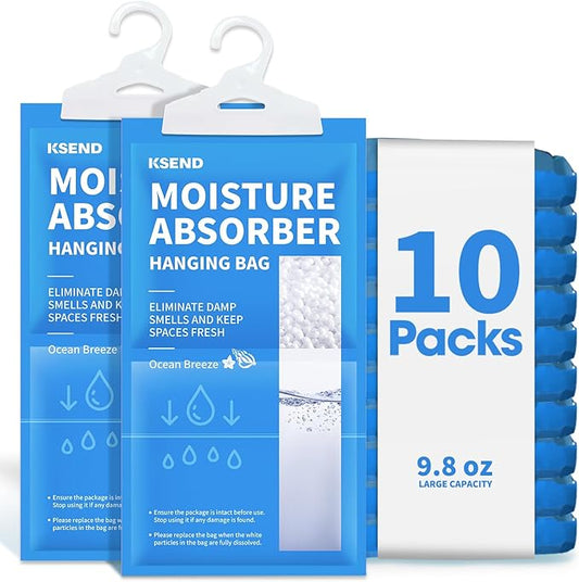 Moisture Absorbers 10 Pack, 9.8 Oz Compact Dehumidifier Bags & Packs, Moisture Hanging Bag, Humidity Absorbers, Closet Deodorizer Against Musty Odors, Ocean Scent, 11.8" x 6.3"