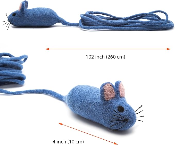 Glaciart One Felt Mouse Cat Toy – Soft Fuzzy Enrichment 100% Natural Wool - Interactive Catnip Play Cat Toy Set - Safe for Pets, Non-AZO Colored Dyes - 100” Long