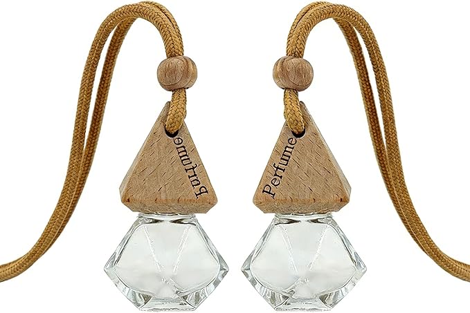 2-Pack Hanging Car Air Freshener, Refillable Glass Diffuser Bottle with Wooden Cap, Drift Car Freshener for Essential Oils, Long-Lasting Scent - Car Accessories for Women Men-Rhombus