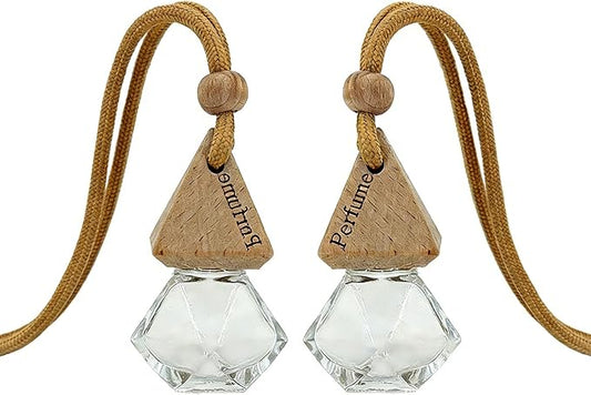 2-Pack Hanging Car Air Freshener, Refillable Glass Diffuser Bottle with Wooden Cap, Drift Car Freshener for Essential Oils, Long-Lasting Scent - Car Accessories for Women Men-Rhombus