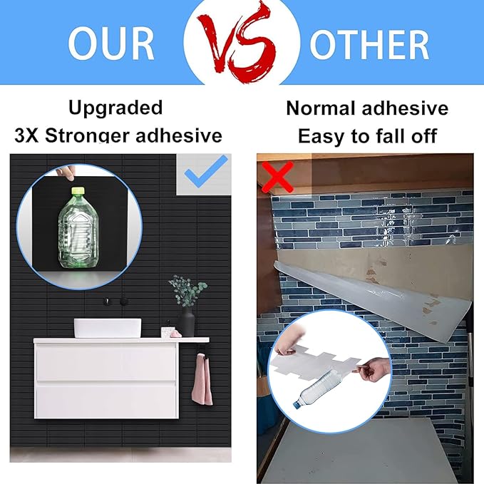 Peel and Stick Finger Tiles for Kitchen, Premium Large Design Matte Black Tiles Stick on Backsplash for Bathroom, Kitchen, RV, Etc（10-Sheet,12''×12''）.