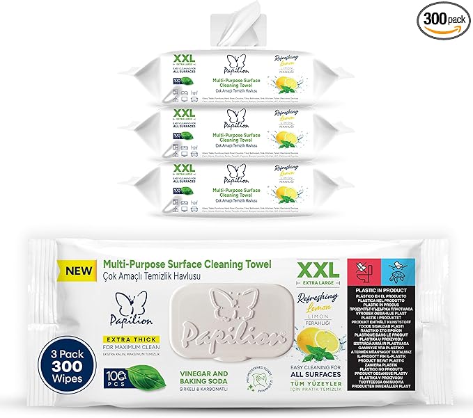 PAPILION Multi-Surface Cleaning Wipes, Lemon Scent, Removes Dirt & Stains, Paraben & SLS-Free, Surface-Safe Formula for Everyday Home, Kitchen & Office Cleaning, Flip-Top Pack, 300 Count