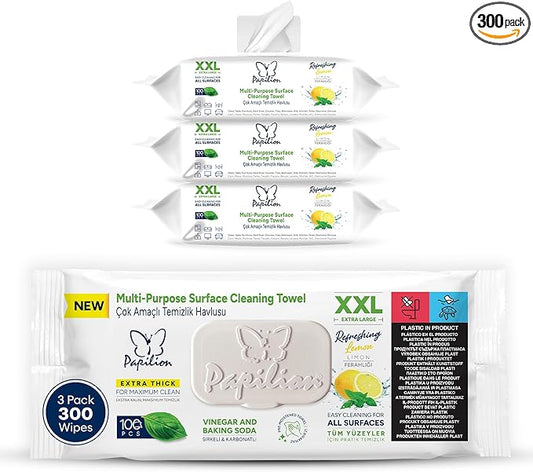 PAPILION Multi-Surface Cleaning Wipes, Lemon Scent, Removes Dirt & Stains, Paraben & SLS-Free, Surface-Safe Formula for Everyday Home, Kitchen & Office Cleaning, Flip-Top Pack, 300 Count