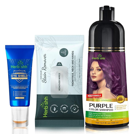 Herbishh Hair Color Shampoo for Gray Hair Purple 500 ML - Dye Shield or Defender - Hair Color Stain Remover Wipes - Travel Pack With 5 Wipes