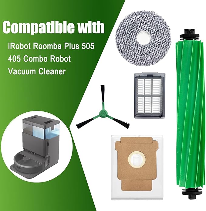 Replacement Part Kit for iRobot Roomba Plus 405 Combo/ 505 Combo Robot Vacuum, 2 Rubber Brush 6 Mop Cloth 6 Dust Bag 6 Filter 6 Side Brushes