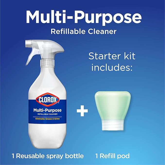 Clorox Multi-Purpose Cleaner System Starter Kit, Household Essentials, 1 Bottle and 1 Refill, Crisp Lemon, 1.13 Fl Oz